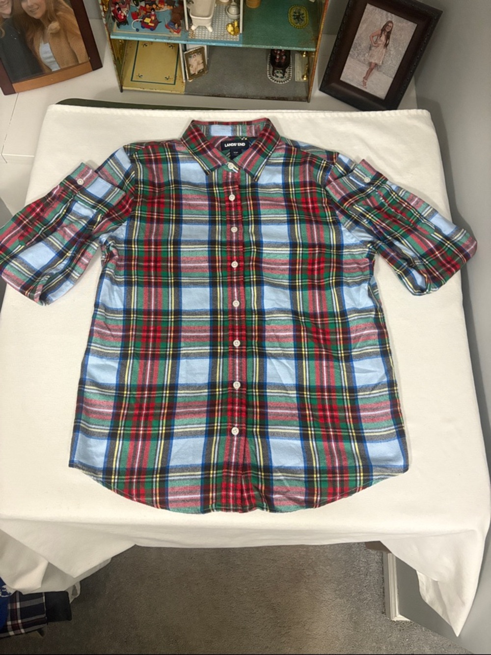Lands' End Red and Light Blue Plaid Button-Down Shirt - 10P